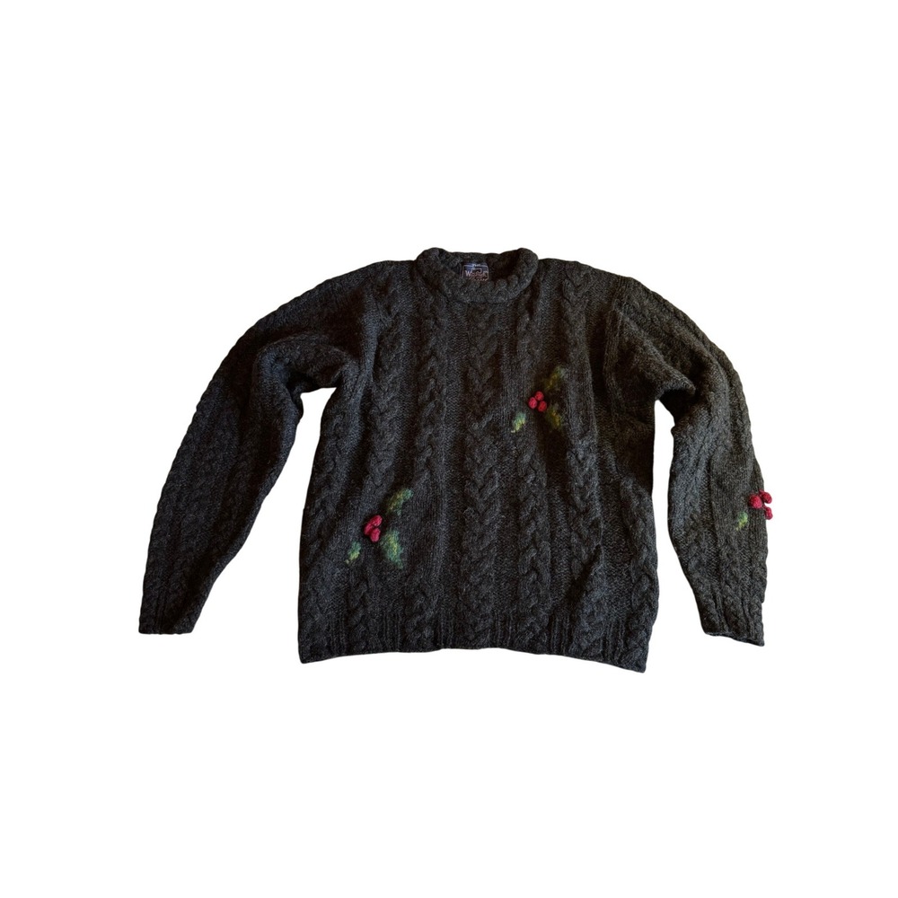 Vintage Woolrich Womens 100% Wool Cable Knit Holly Berry Sweater Grey Large